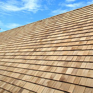 Close up of a roof with very light brown cedar wood