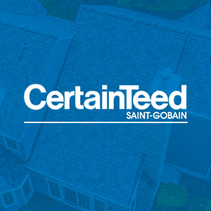 White CertainTeed logo on a transparent blue background